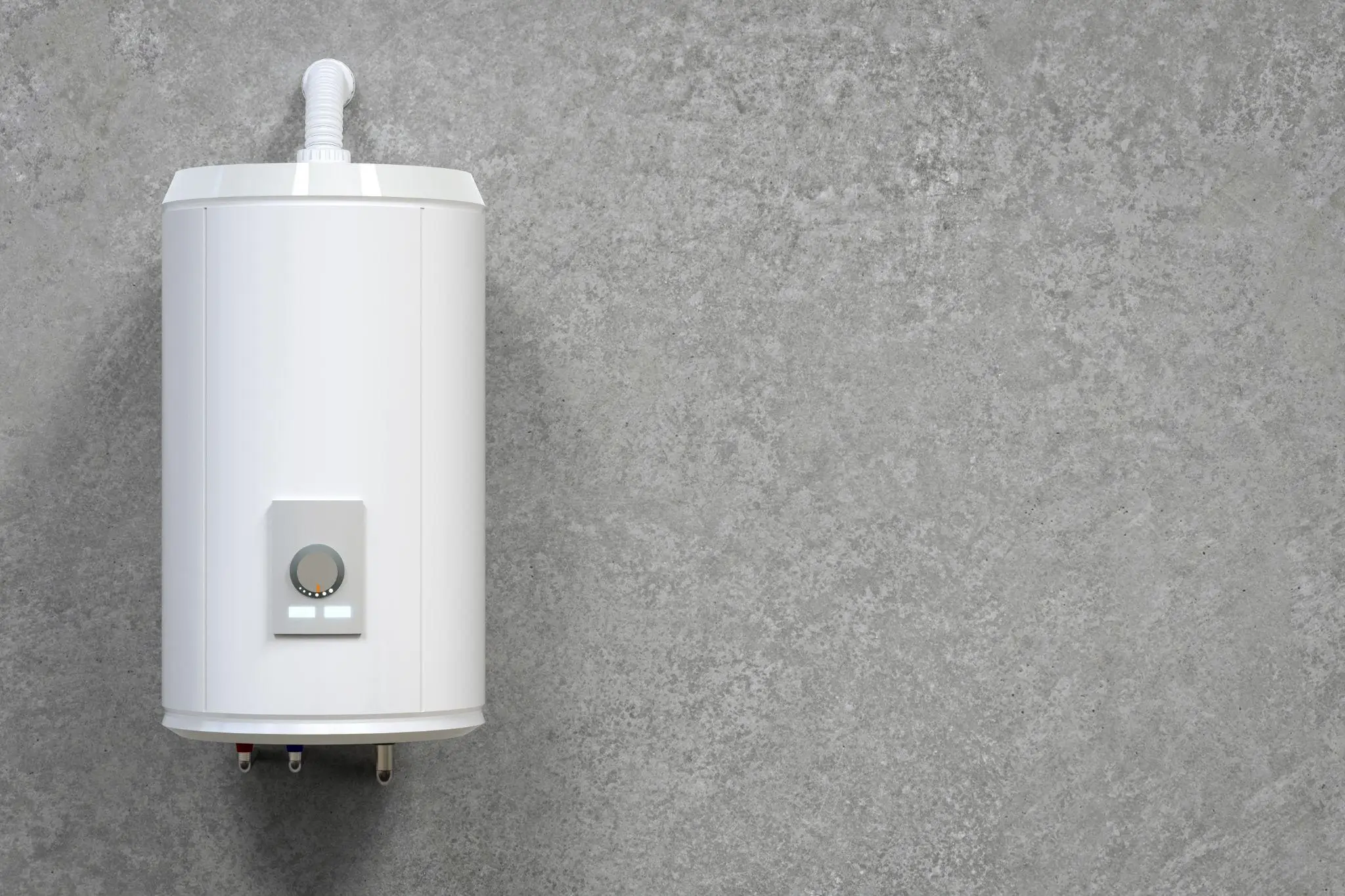 White cylindrical water heater mounted on gray concrete wall