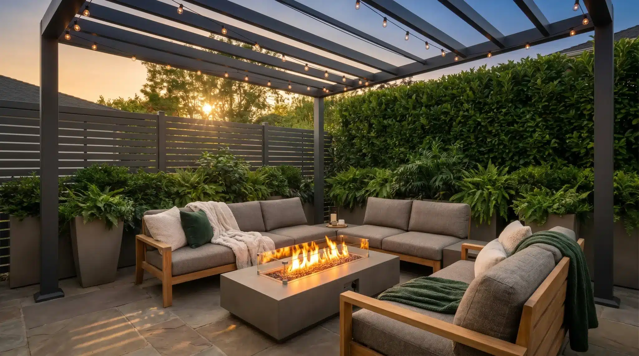 Modern outdoor patio with gray sofas, fire pit, and lush greenery under string lights