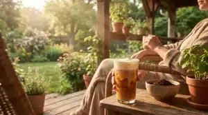 Person enjoying iced coffee on patio surrounded by lush greenery in warm sunlight