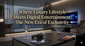 Modern living room with man using touchpad, luxury decor, and large screen TV displaying interfaces