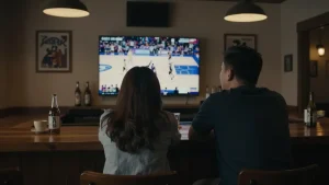 Couple watching basketball game on TV in cozy bar with wooden counter