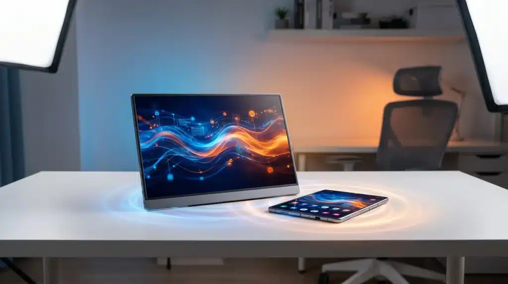 Laptop and smartphone on white desk in modern office with digital wave display