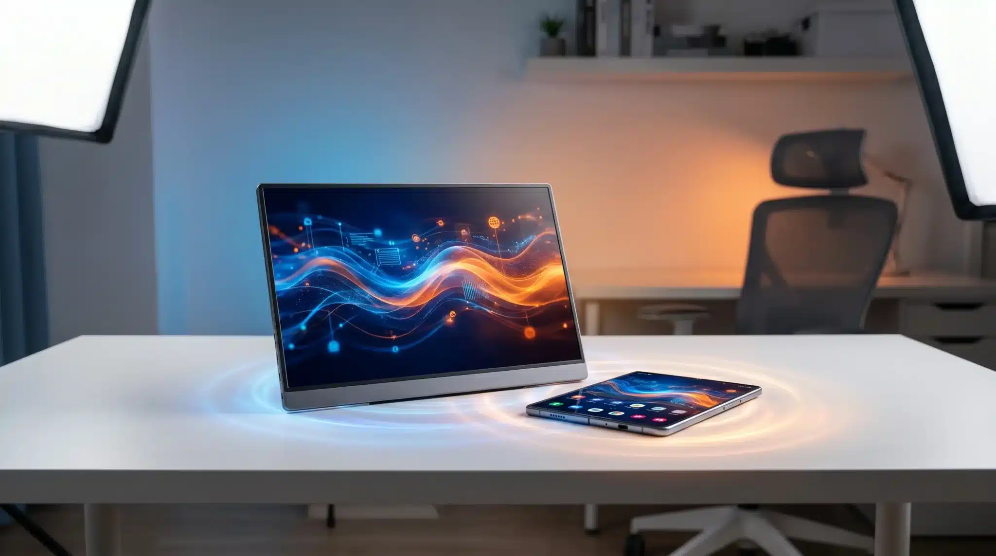Laptop and smartphone on white desk in modern office with digital wave display