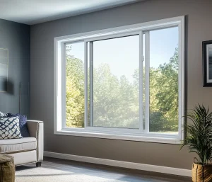 Large sliding window in modern living room with beige sofa and indoor plant