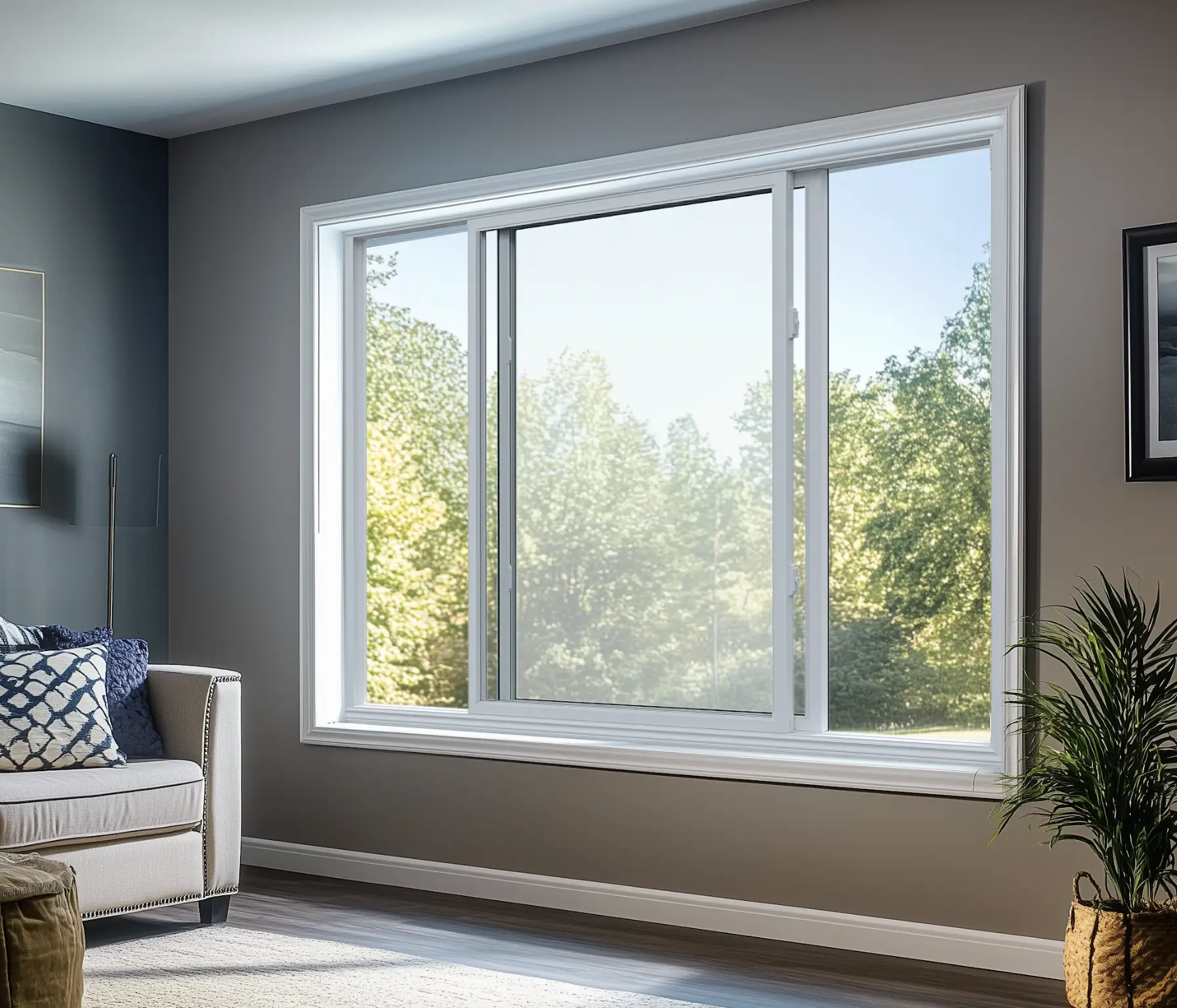 Large sliding window in modern living room with beige sofa and indoor plant