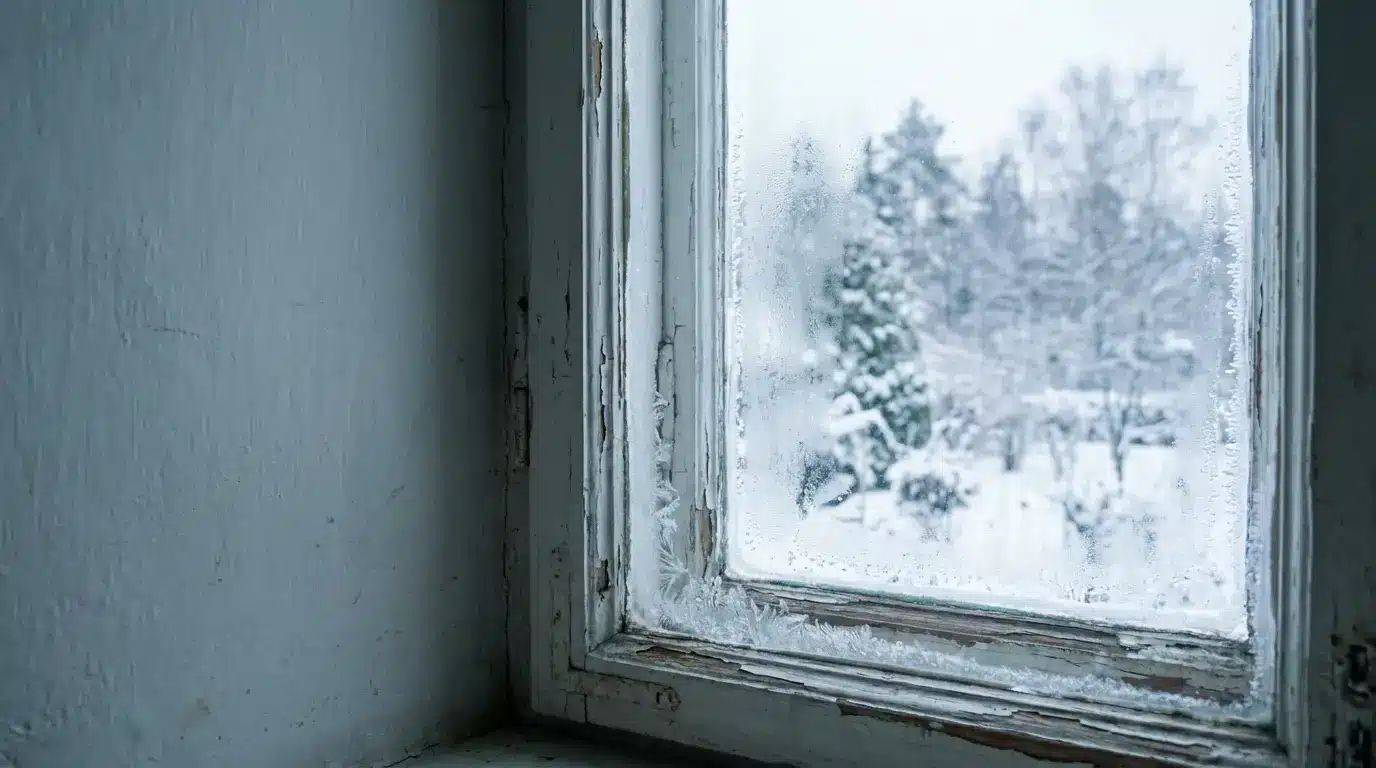 Frosted window overlooking snowy landscape with trees in winter scene