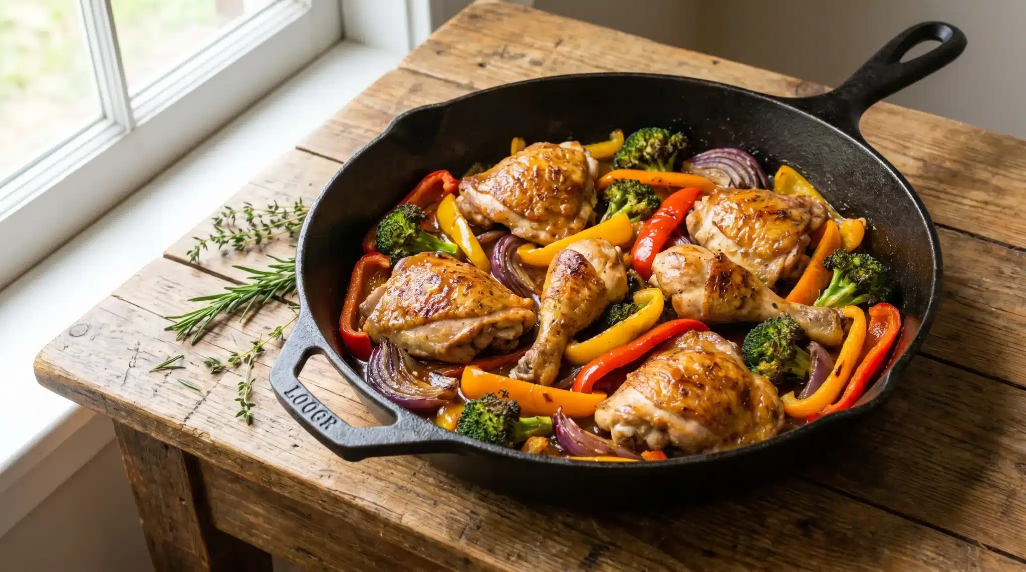 Roasted chicken thighs with colorful bell peppers and broccoli in cast iron skillet on wooden table