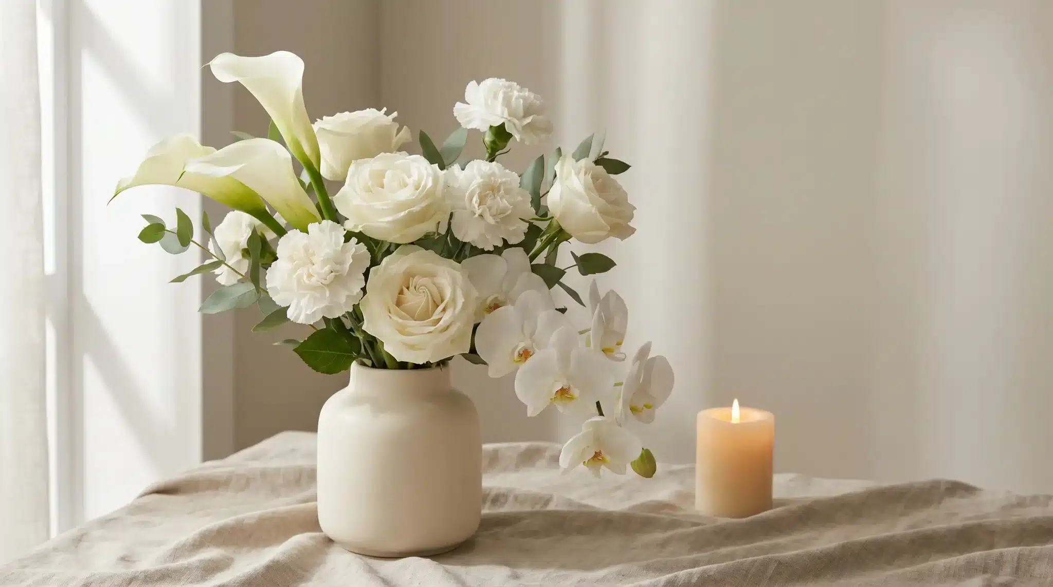 White floral arrangement in ceramic vase next to lit candle on linen-covered table