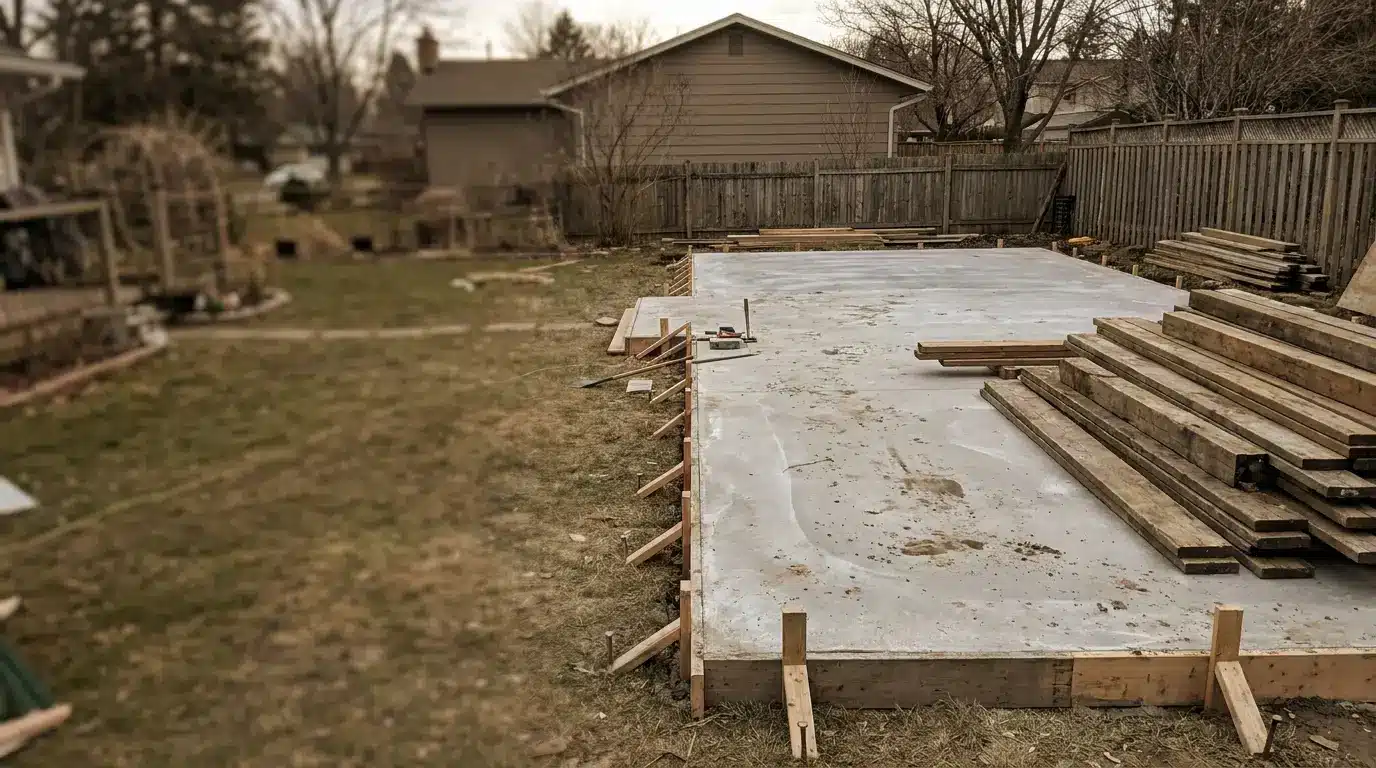 Concrete foundation slab with stacked wooden beams in residential backyard under cloudy sky