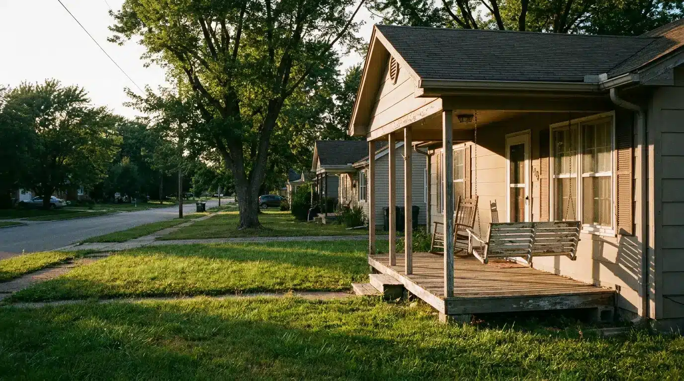 Suburban house with a wooden porch swing in the evening sunlight