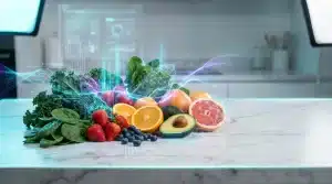 Variety of fresh fruits and vegetables on marble counter with digital elements overlay in modern kitchen