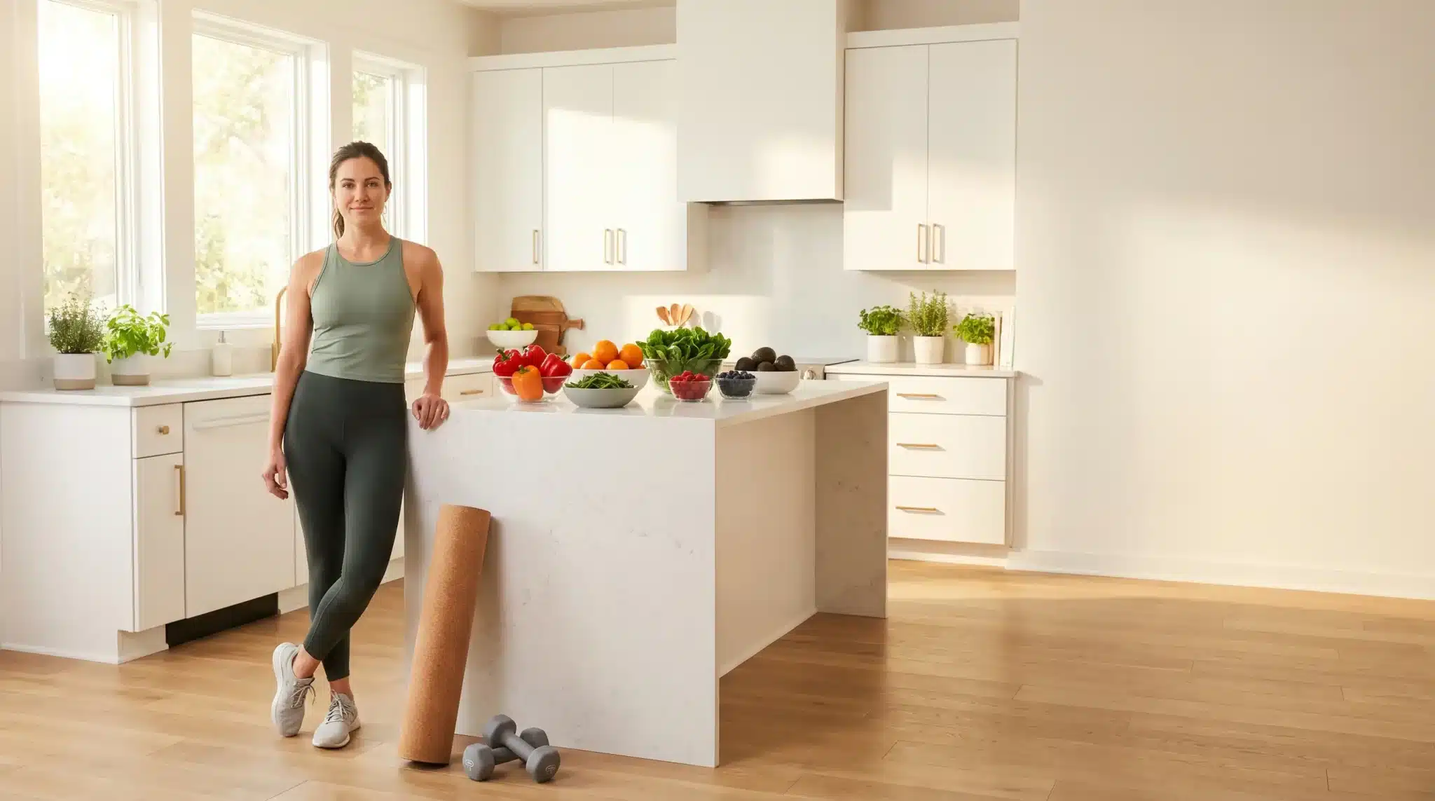Woman in workout attire standing in bright kitchen with yoga mat and fresh produce