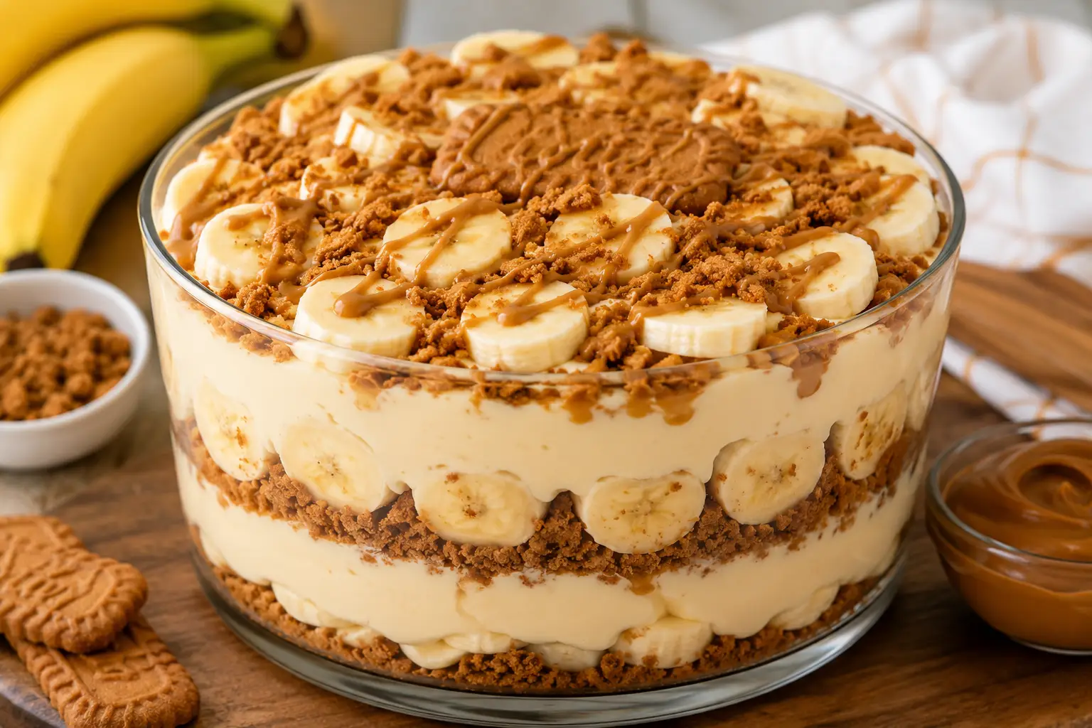 Layered banana pudding with caramel drizzle in clear glass dish on wooden table