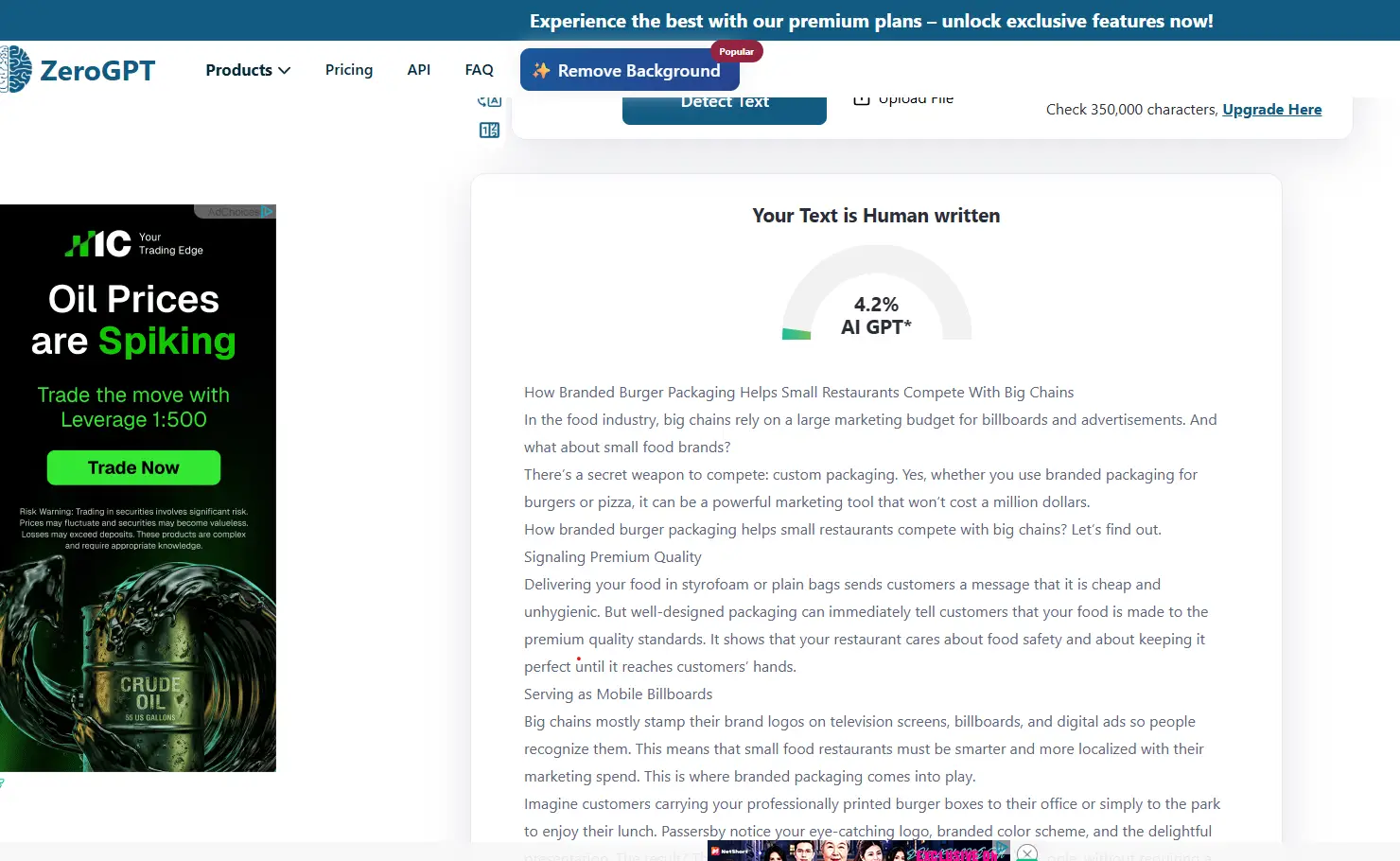 Website interface displaying AI text analysis with advertisement on the left and text block on the right
