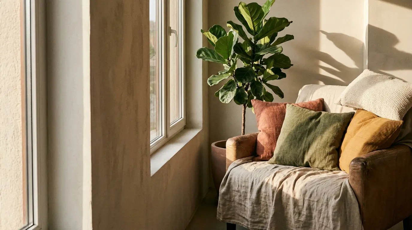 Cozy beige sofa with colorful pillows next to large window and lush green plant