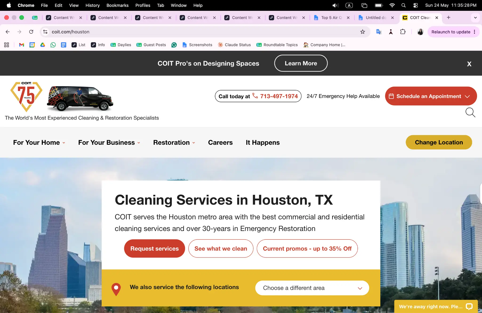Web page screenshot featuring a cleaning service advertisement with prominent red buttons and city skyline background