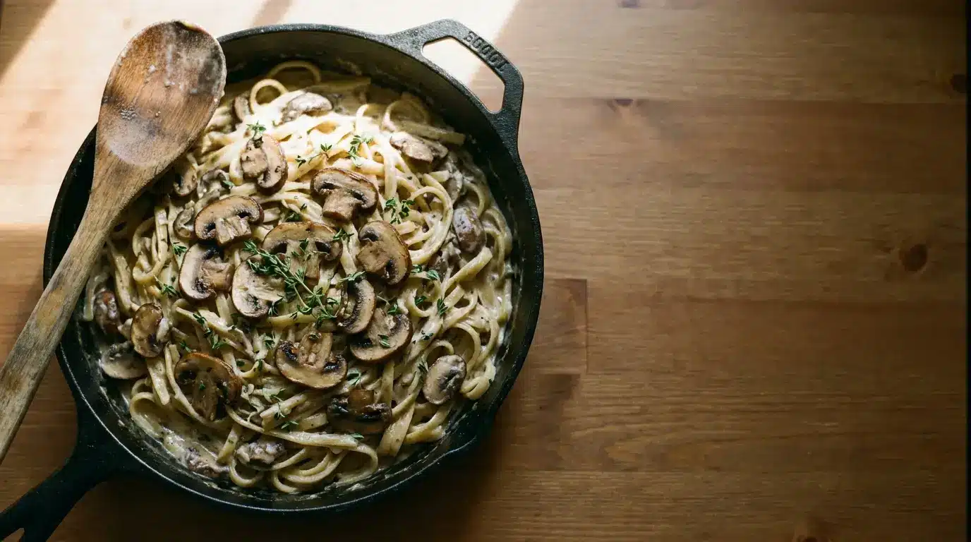 Creamy mushroom pasta with thyme in cast iron skillet on wooden table