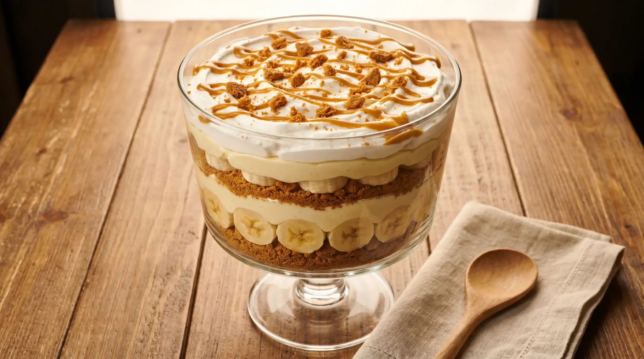Layered banana and caramel trifle in clear glass bowl on rustic wooden table