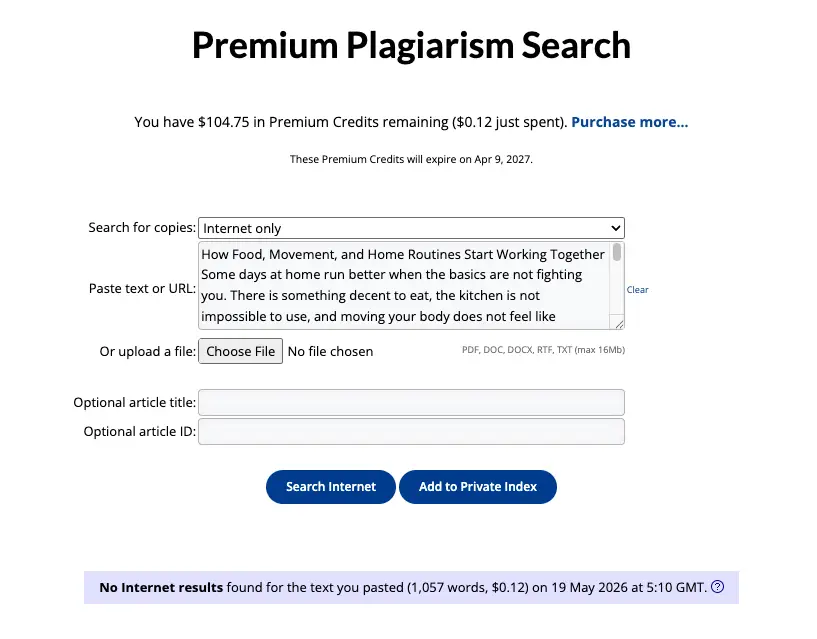 Online plagiarism checker interface displaying search options and text input field