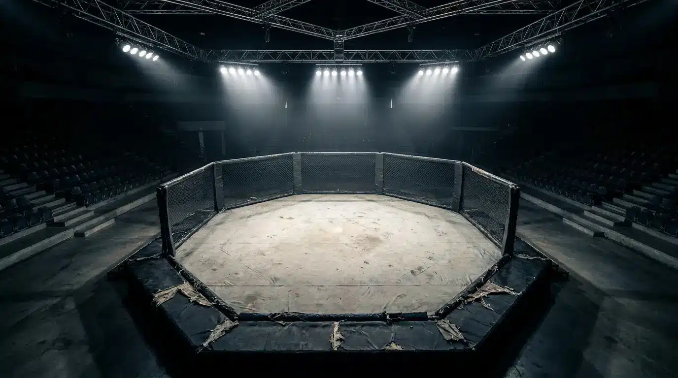 Empty MMA octagon arena under bright overhead lights in a spacious indoor setting