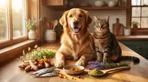 Golden retriever and tabby cat sitting on kitchen counter with turmeric, fish, lavender, and herbs