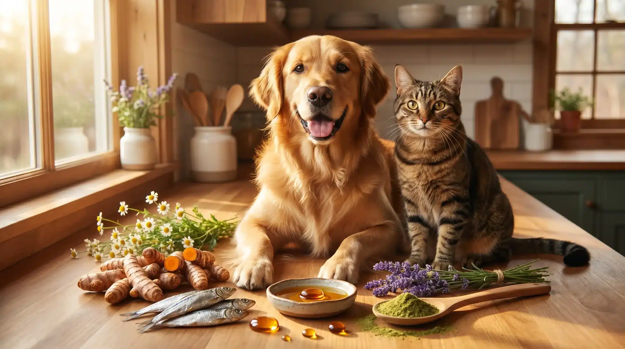 Golden retriever and tabby cat sitting on kitchen counter with turmeric, fish, lavender, and herbs