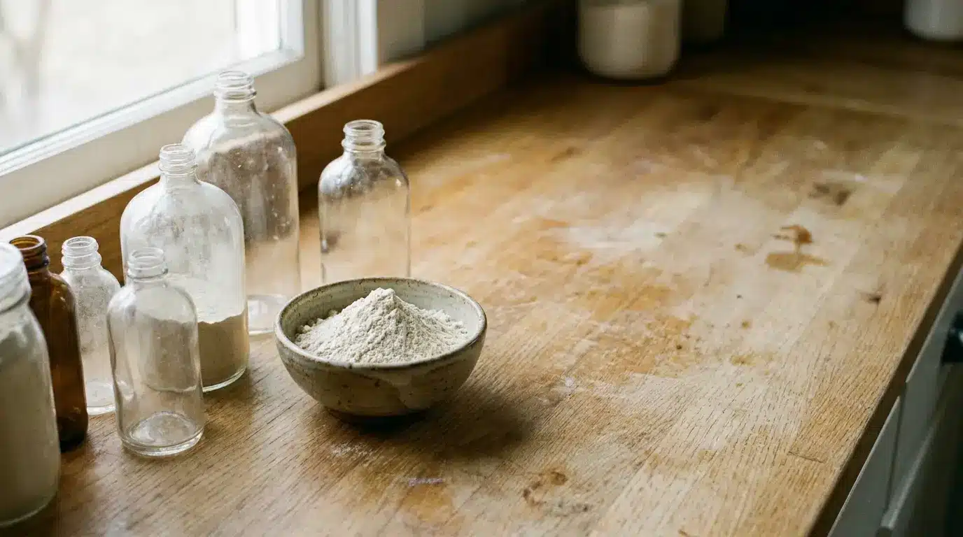 Bowl of flour and glass jars on wooden countertop near window