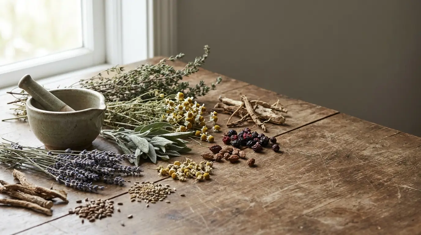 Dried herbs and berries arranged next to mortar and pestle on rustic wooden table