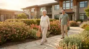 Elderly woman and middle-aged man walking on garden pathway at a retirement community