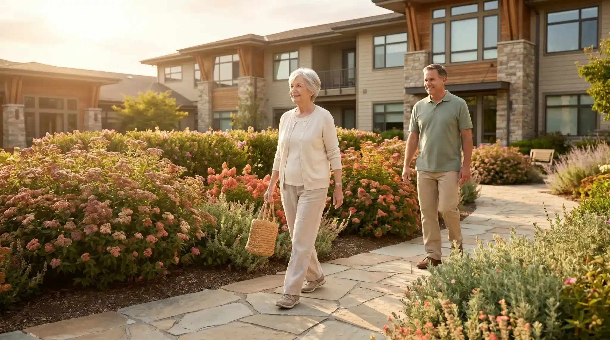 Elderly woman and middle-aged man walking on garden pathway at a retirement community