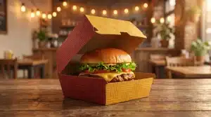Burger with lettuce and cheese in an open takeout box on rustic wooden table