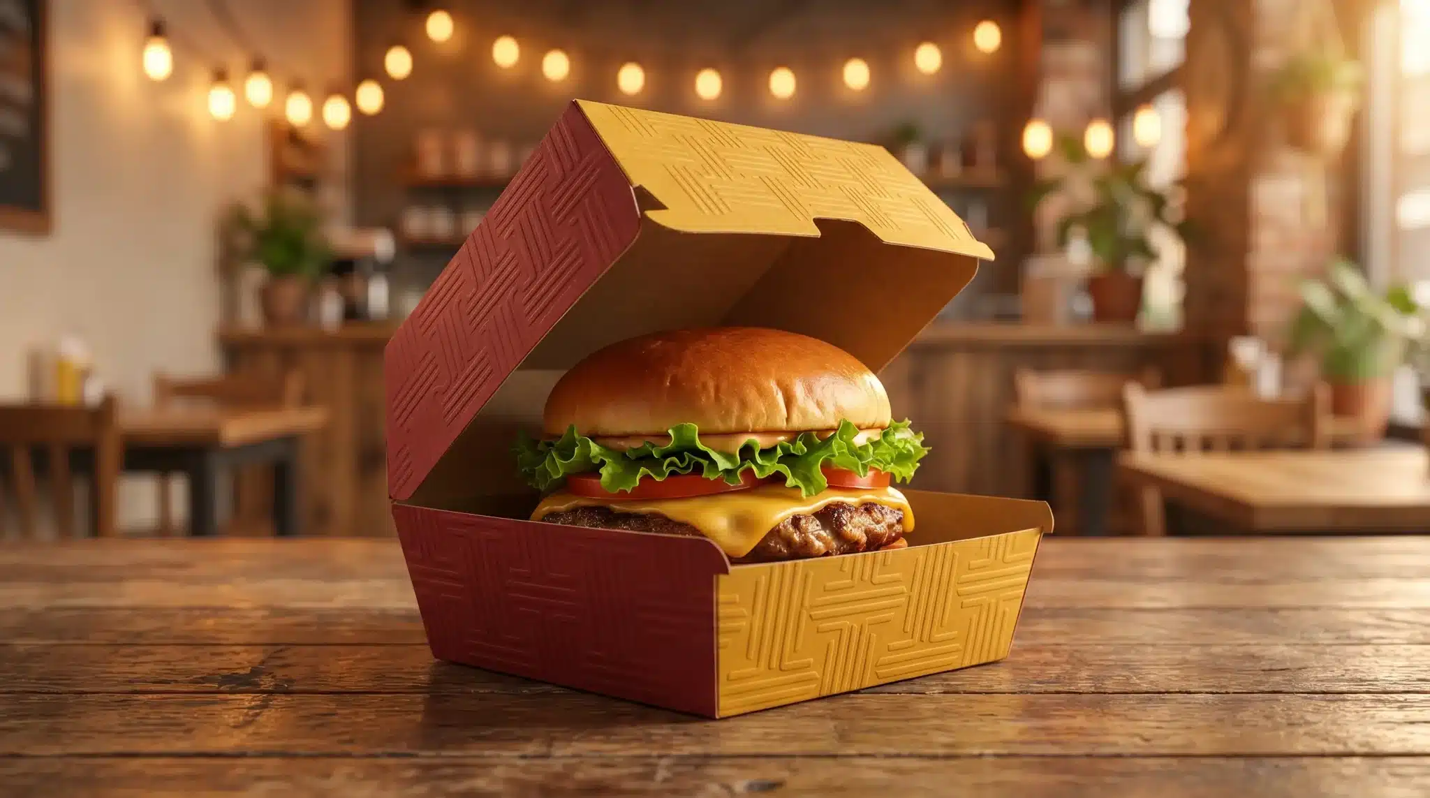 Burger with lettuce and cheese in an open takeout box on rustic wooden table