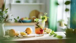 Iced fruit and herb cocktail on wooden countertop in sunny kitchen with lemons and mint leaves