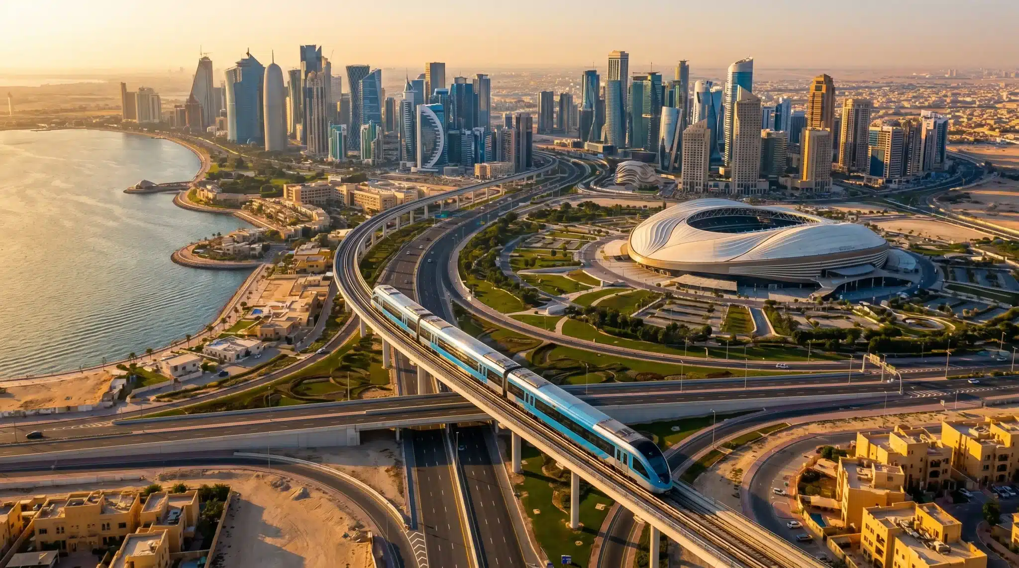 Modern train on elevated track with city skyline and stadium in the background during sunset