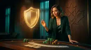 Woman in suit touching glowing shield icon at poker table in dimly lit casino room