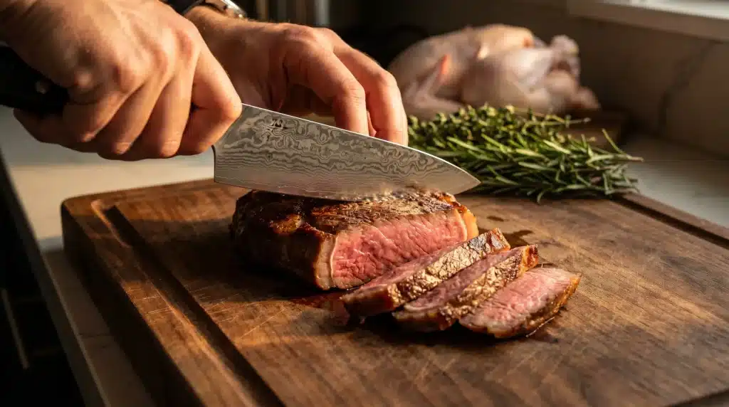 Hands slicing cooked steak on wooden cutting board with sprigs of rosemary nearby