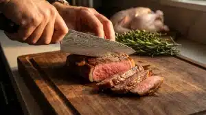 Hands slicing cooked steak on wooden cutting board with sprigs of rosemary nearby