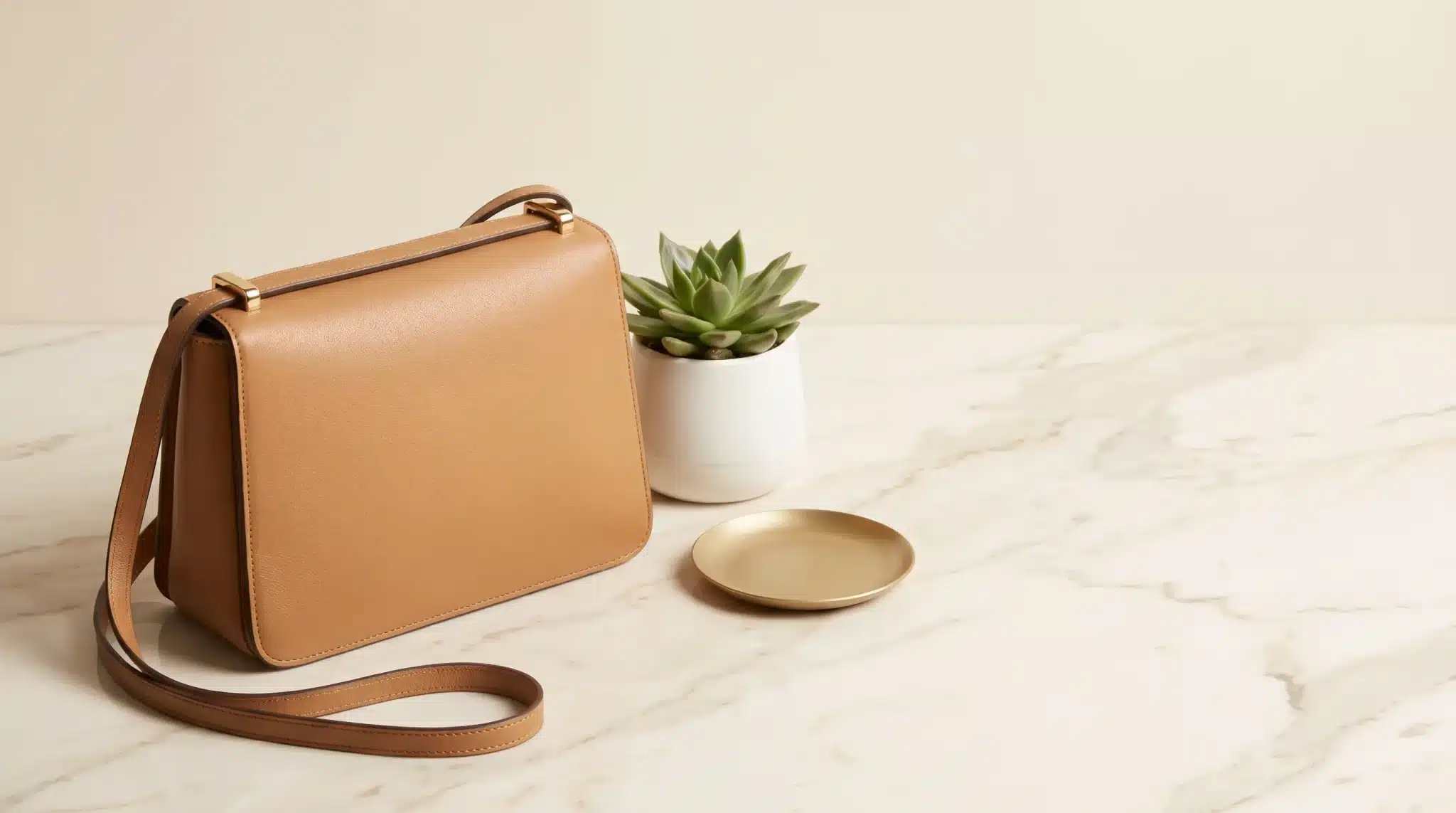 Tan leather handbag with gold accents on marble surface next to potted succulent
