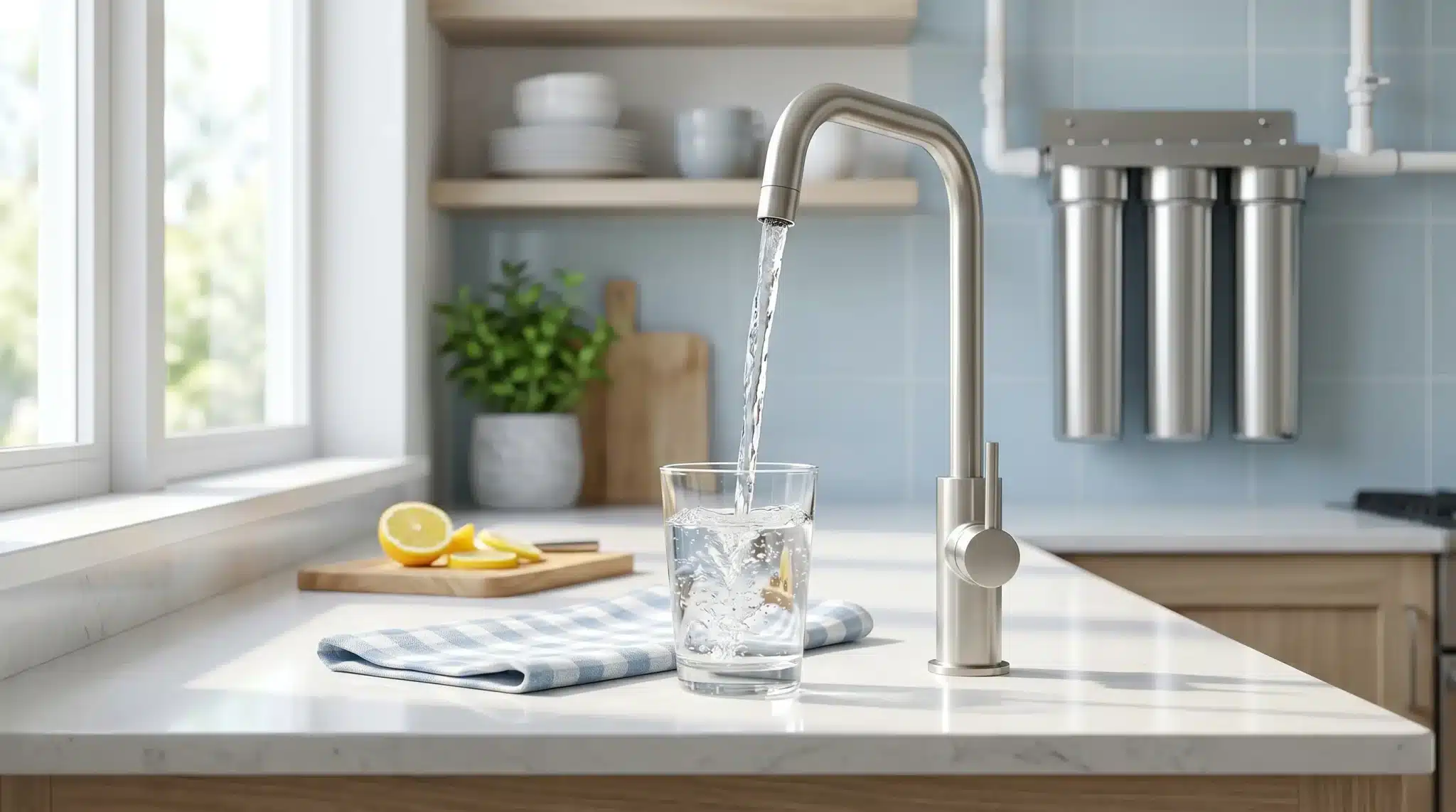 Modern kitchen faucet pouring water into glass on white countertop with lemon slices nearby