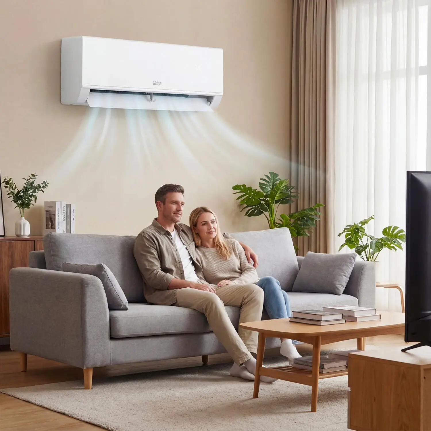 Couple relaxing on a gray couch under air conditioner in a cozy living room
