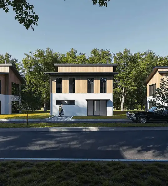 Modern two-story house with wooden accents and black car in suburban neighborhood under clear sky