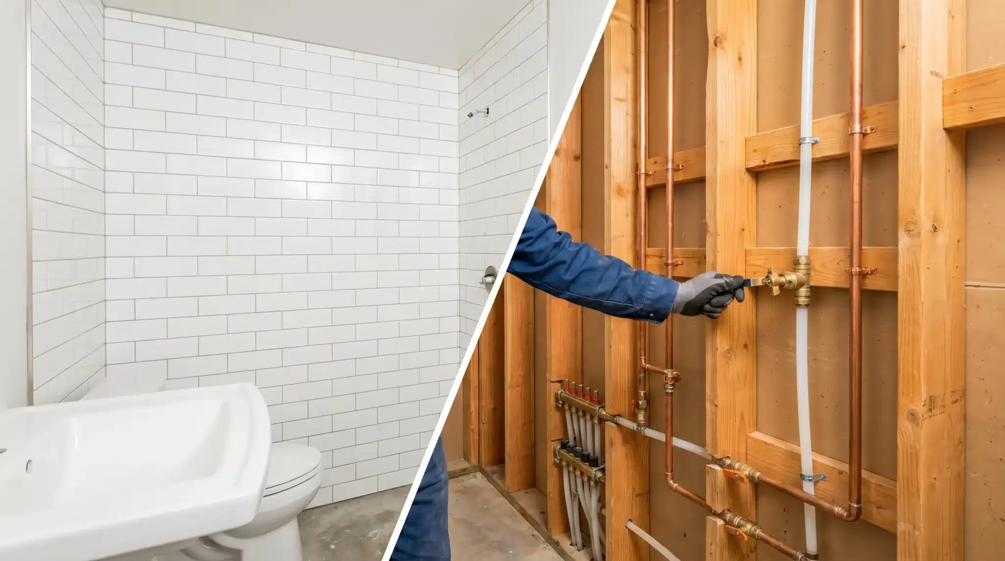 Bathroom renovation showing tiled wall and exposed copper plumbing with worker adjusting valve