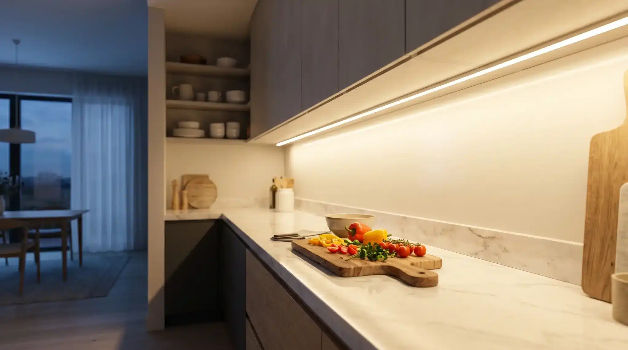 Vegetables and herbs on wooden board in modern kitchen with marble countertop