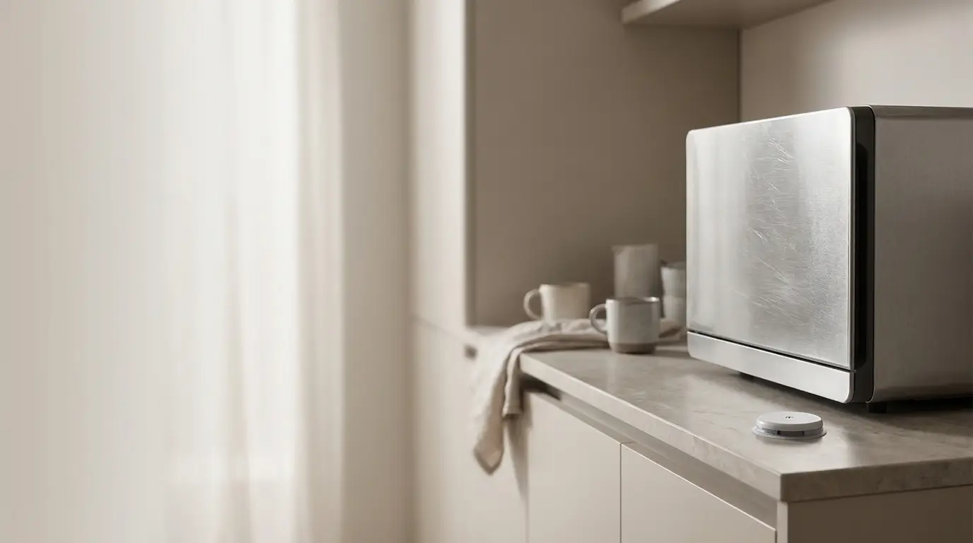 Stainless steel microwave on kitchen counter with ceramic mugs and soft lighting