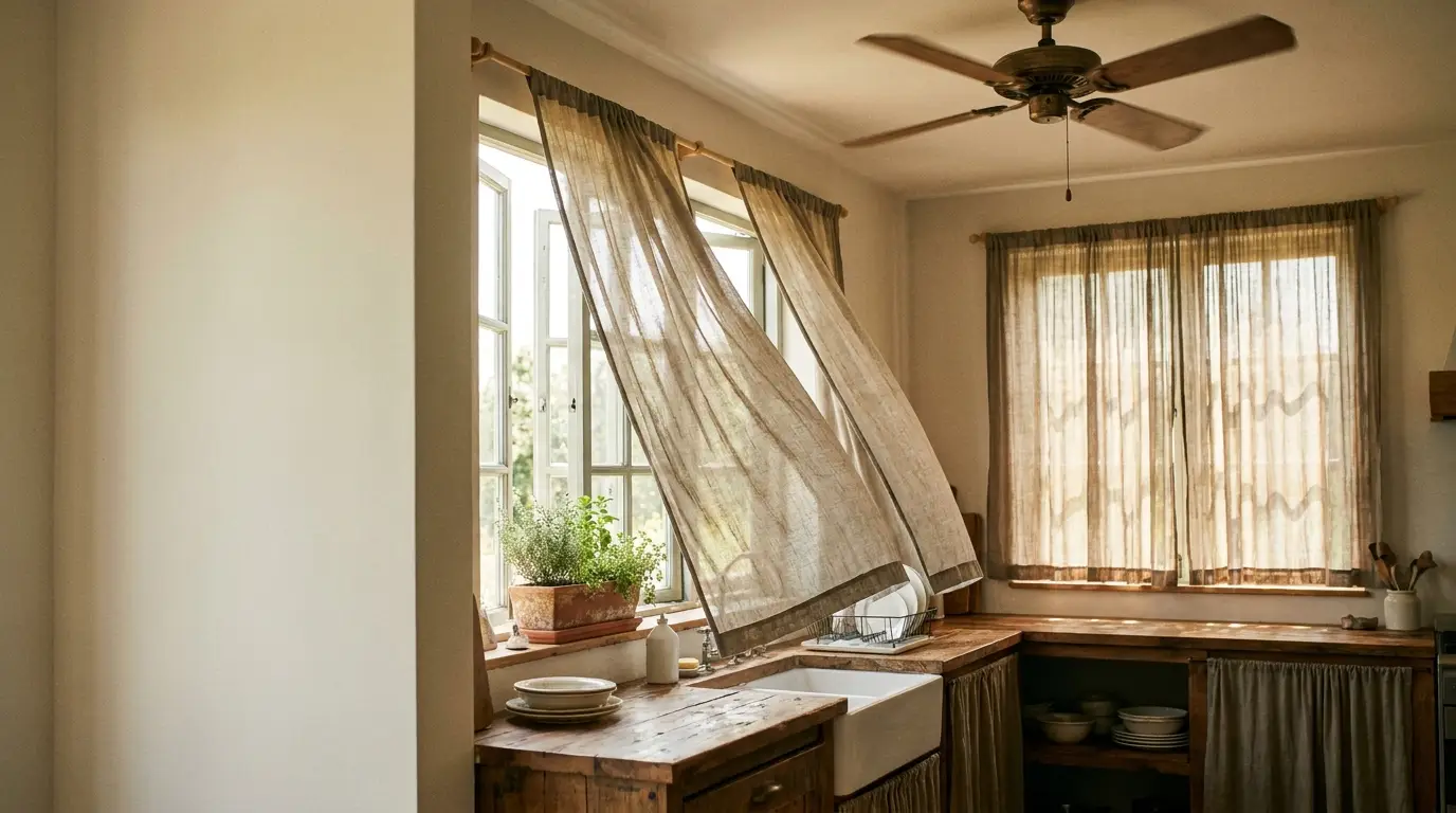 Rustic kitchen with wooden cabinets, sunlight filtering through sheer curtains, potted herb on windowsill