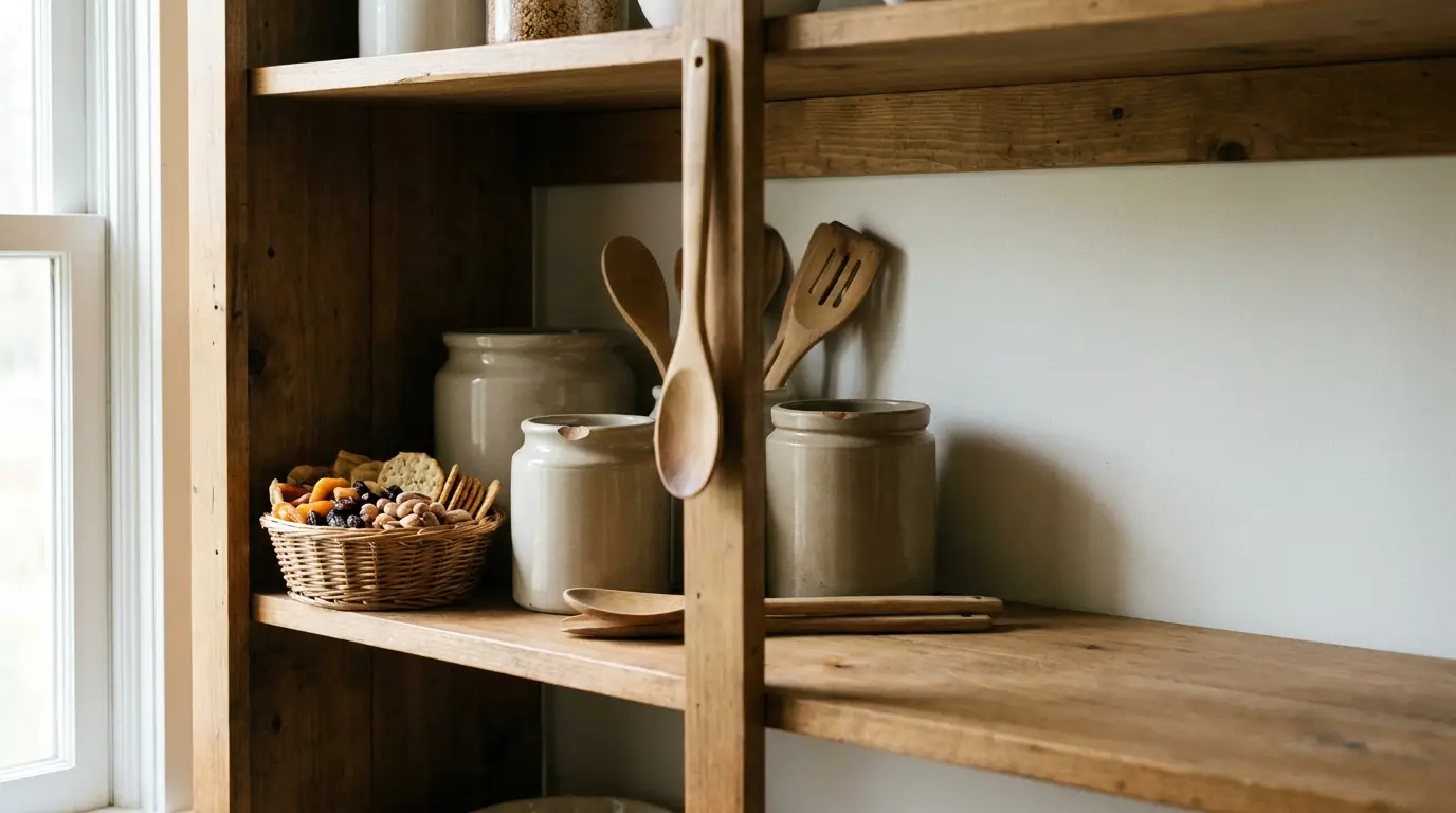 Wooden kitchen shelves with ceramic jars, woven basket of nuts, and wooden utensils in natural light