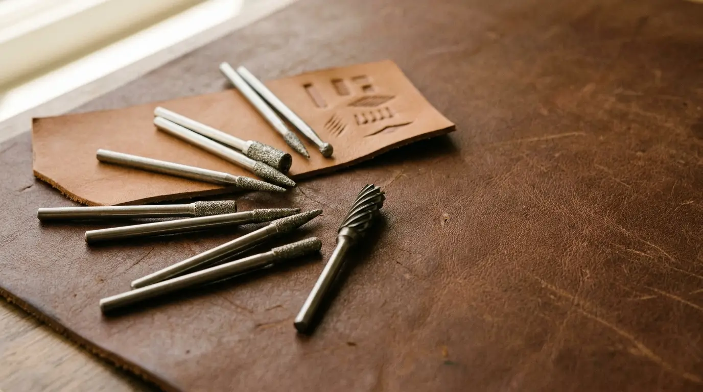 Metal carving tools on brown leather in warm sunlight