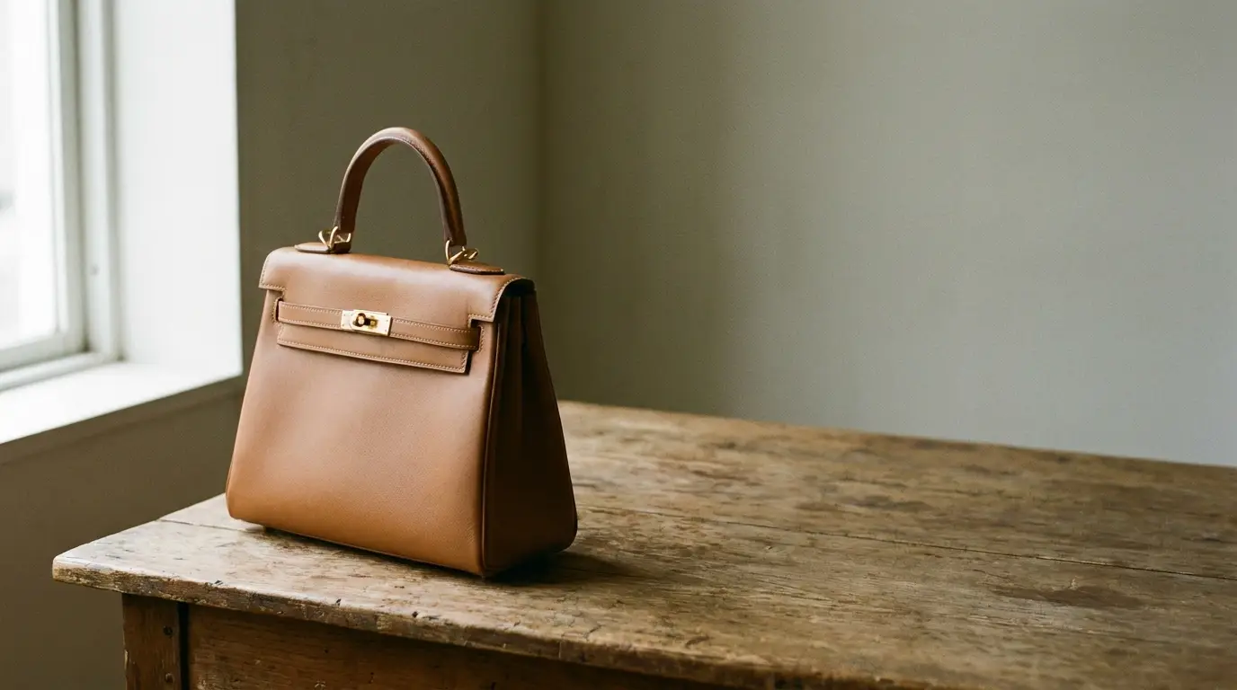 Tan leather handbag on rustic wooden table near window in softly lit room