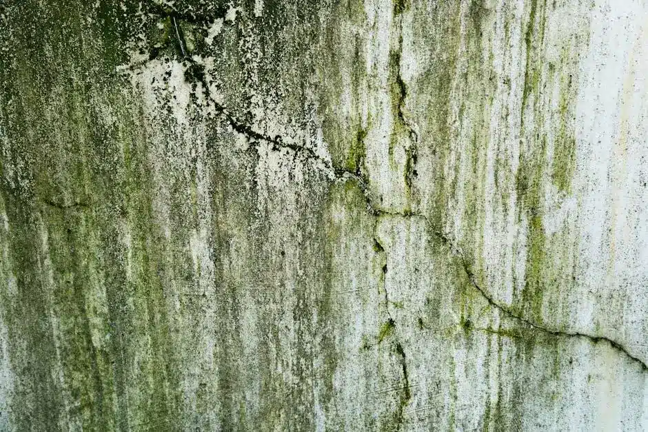 Cracked concrete wall with green moss and vertical streaks in an outdoor setting