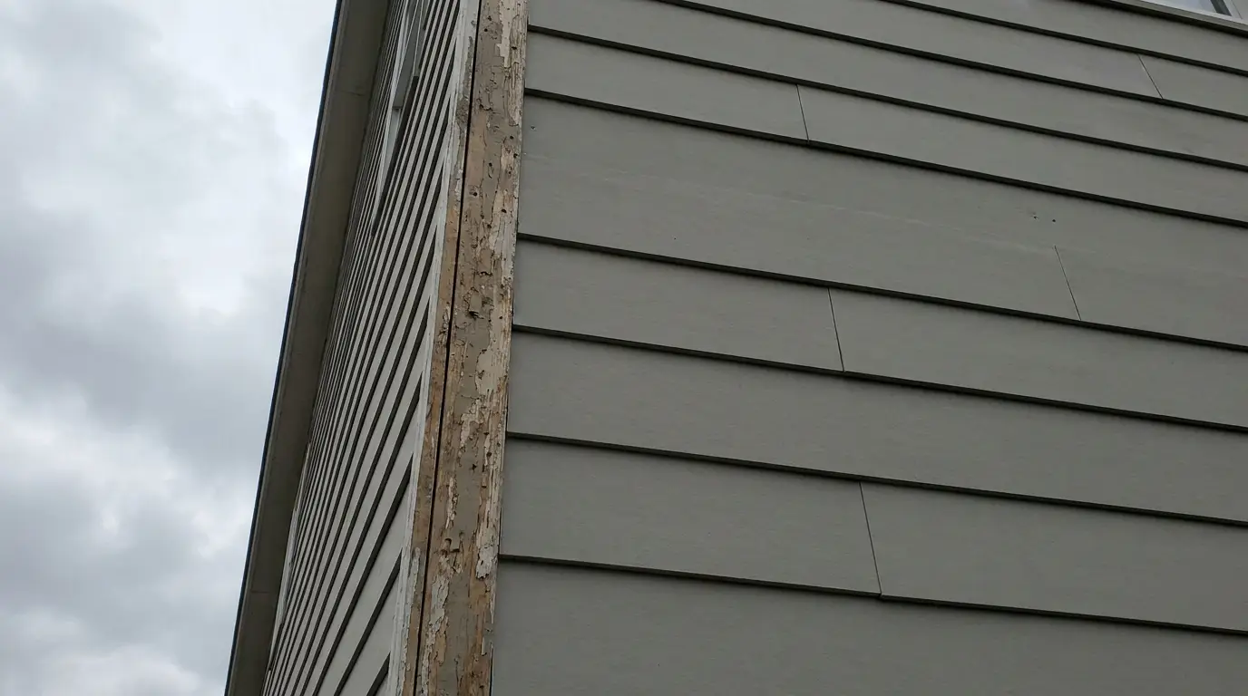 Worn wooden trim on a side of a gray vinyl-sided house under overcast sky